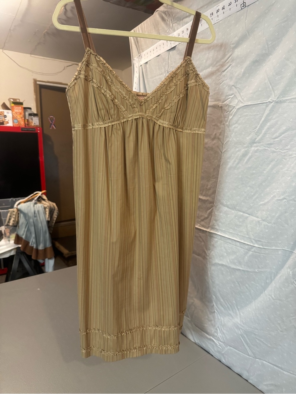 Women's Striped Satin Chemise-Style Midi (Knee-length) Dress in Tan